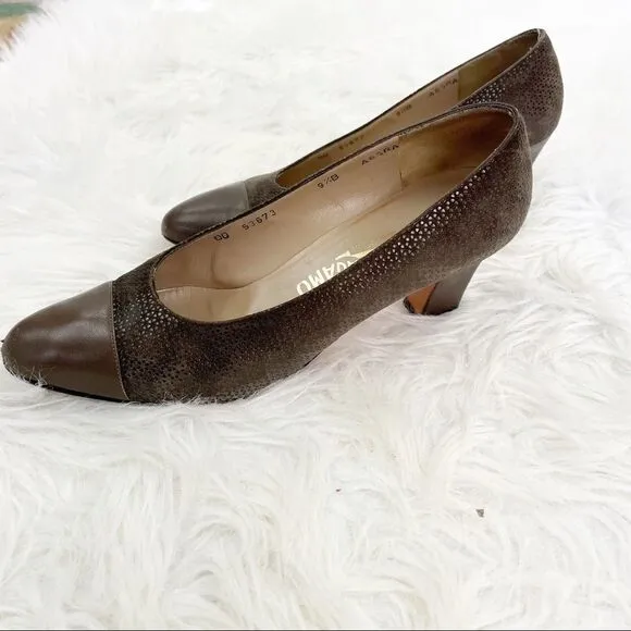 Vintage Salvatore Ferragamo Embossed Leather Spectator Pumps