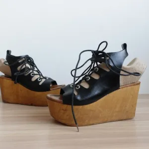 Vintage Steve Madden Shoes Leather 36 Sandal Black Wedge Tie Up Clogs 6 Y2K