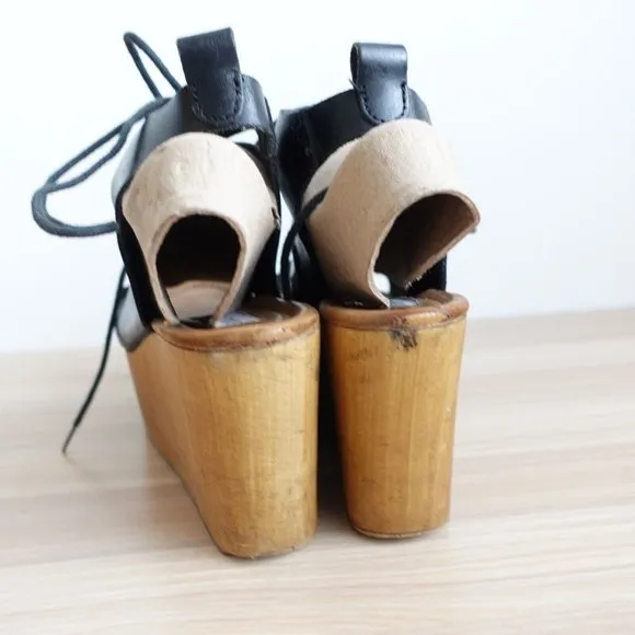 Vintage Steve Madden Shoes Leather 36 Sandal Black Wedge Tie Up Clogs 6 Y2K