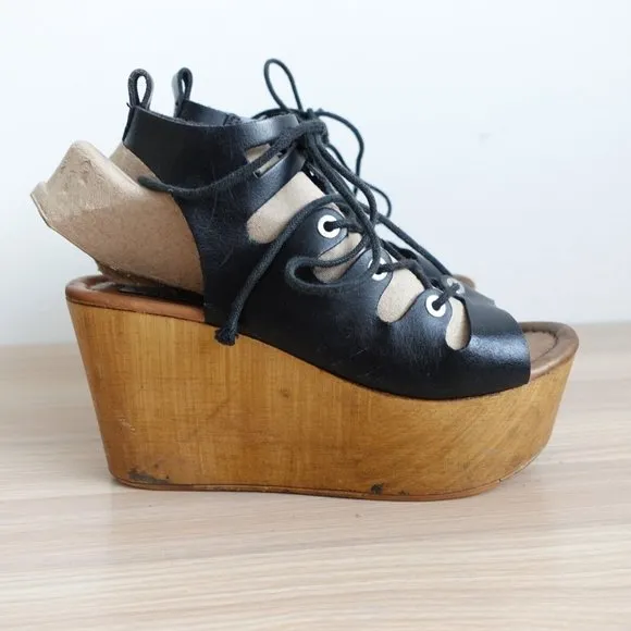 Vintage Steve Madden Shoes Leather 36 Sandal Black Wedge Tie Up Clogs 6 Y2K