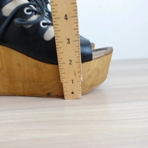 Vintage Steve Madden Shoes Leather 36 Sandal Black Wedge Tie Up Clogs 6 Y2K