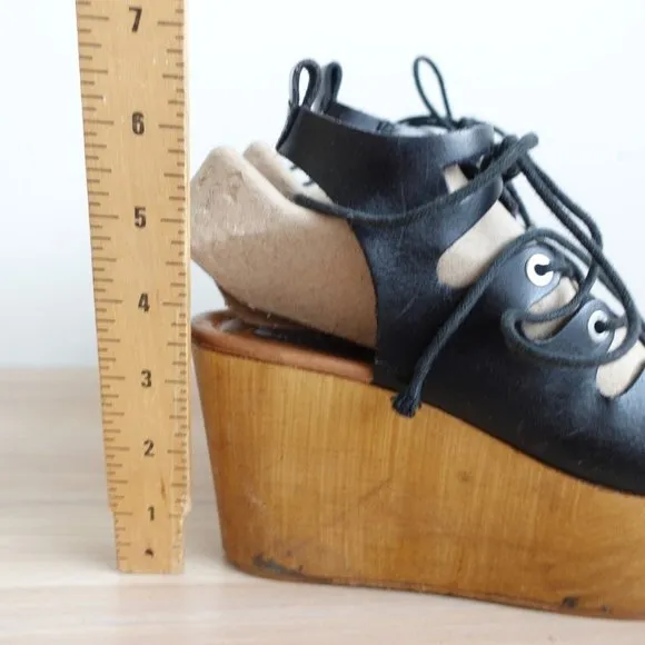 Vintage Steve Madden Shoes Leather 36 Sandal Black Wedge Tie Up Clogs 6 Y2K