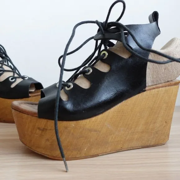 Vintage Steve Madden Shoes Leather 36 Sandal Black Wedge Tie Up Clogs 6 Y2K
