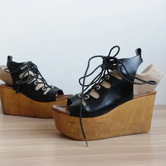 Vintage Steve Madden Shoes Leather 36 Sandal Black Wedge Tie Up Clogs 6 Y2K
