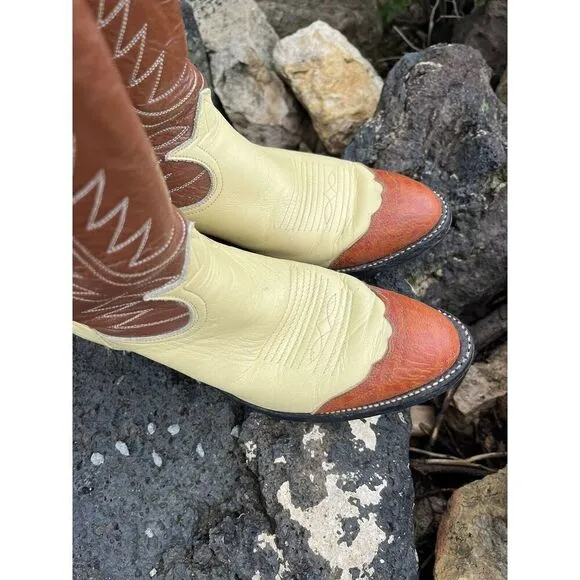Vintage Tony Lama 2 Tone Cowboy Boots Women’s 6.5 cognac brown butter yellow