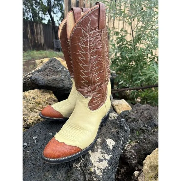 Vintage Tony Lama 2 Tone Cowboy Boots Women’s 6.5 cognac brown butter yellow