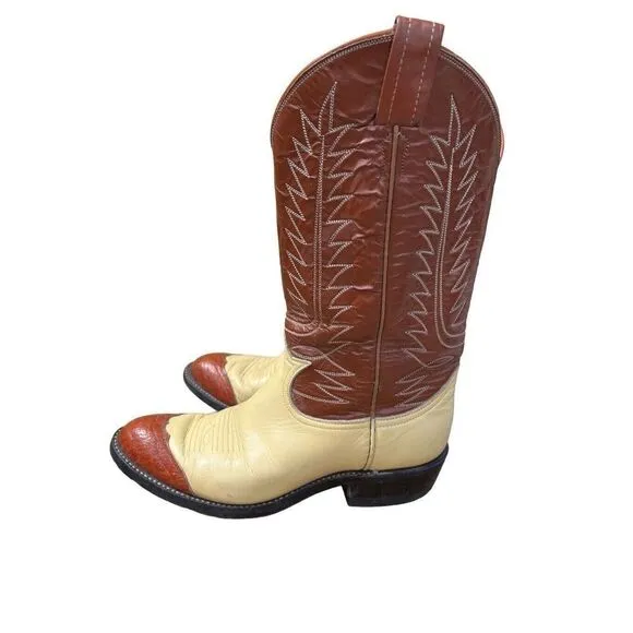 Vintage Tony Lama 2 Tone Cowboy Boots Women’s 6.5 cognac brown butter yellow