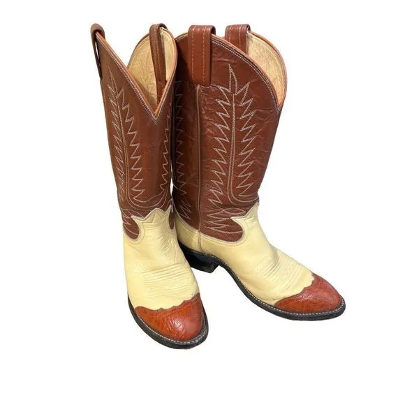 Vintage Tony Lama 2 Tone Cowboy Boots Women’s 6.5 cognac brown butter yellow