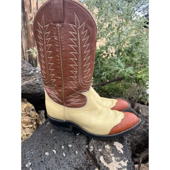 Vintage Tony Lama 2 Tone Cowboy Boots Women’s 6.5 cognac brown butter yellow