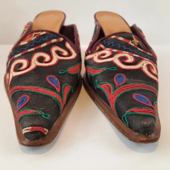 VINTAGE Wool Artisan Made Crewel Embroidery Victorian Mule Low Heel Slipper 8