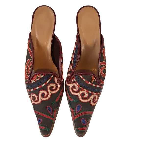 VINTAGE Wool Artisan Made Crewel Embroidery Victorian Mule Low Heel Slipper 8