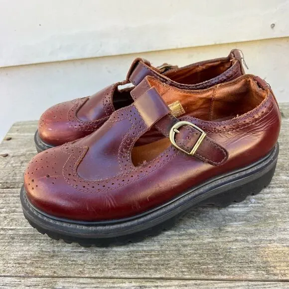 Vintage Y2K American Eagle Brown Leather Chunky Mary Jane T Strap Shoes Size 8