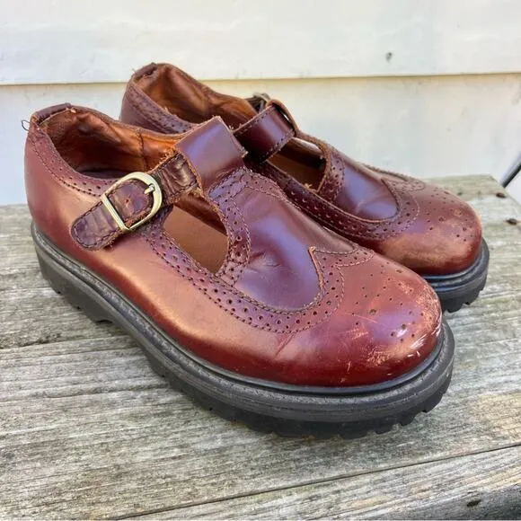 Vintage Y2K American Eagle Brown Leather Chunky Mary Jane T Strap Shoes Size 8