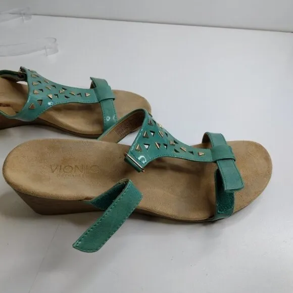 Vionic Maggie Orthoheel Teal Patent Leather Sandal Wedge Size 9