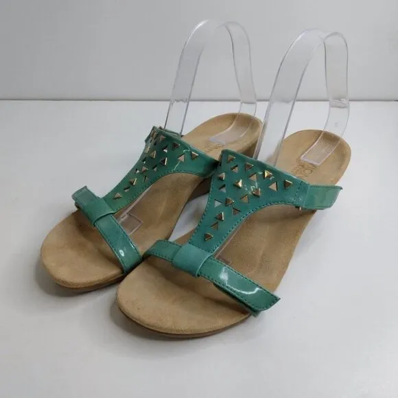 Vionic Maggie Orthoheel Teal Patent Leather Sandal Wedge Size 9