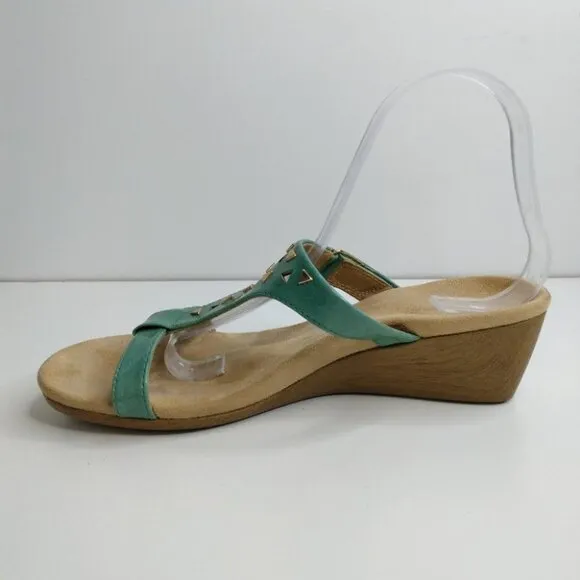 Vionic Maggie Orthoheel Teal Patent Leather Sandal Wedge Size 9