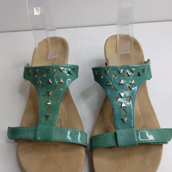 Vionic Maggie Orthoheel Teal Patent Leather Sandal Wedge Size 9