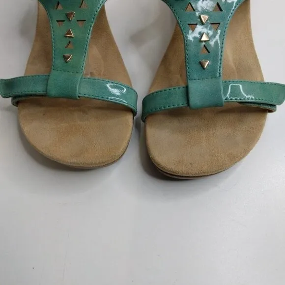 Vionic Maggie Orthoheel Teal Patent Leather Sandal Wedge Size 9