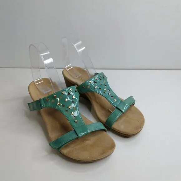 Vionic Maggie Orthoheel Teal Patent Leather Sandal Wedge Size 9