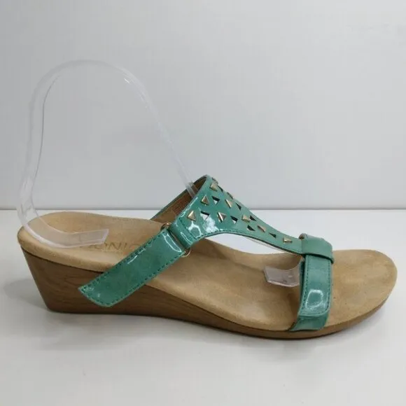 Vionic Maggie Orthoheel Teal Patent Leather Sandal Wedge Size 9