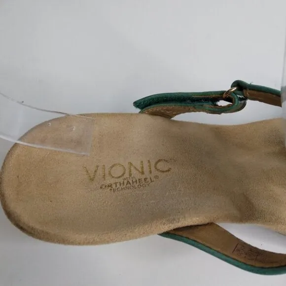 Vionic Maggie Orthoheel Teal Patent Leather Sandal Wedge Size 9