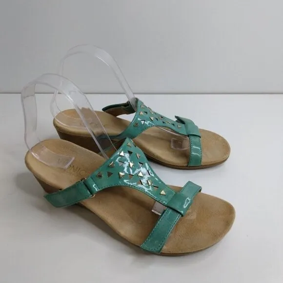 Vionic Maggie Orthoheel Teal Patent Leather Sandal Wedge Size 9