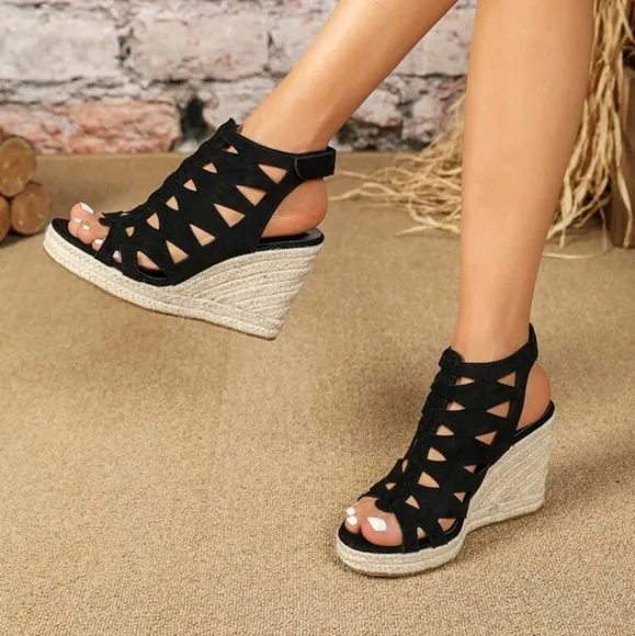 Wedge Heeled &amp; Thick Bottomed Rope Sole Open Toe Laser Cut Peep Toe Sandals