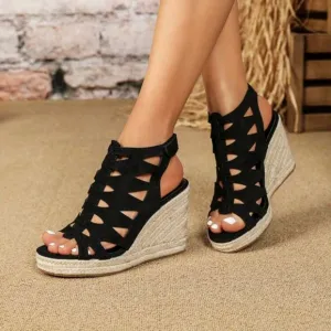 Wedge Heeled &amp; Thick Bottomed Rope Sole Open Toe Laser Cut Peep Toe Sandals