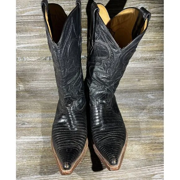 Wild West Western‎ Boots Lizard Handcrafted Style Distressed Black Size 8 EE