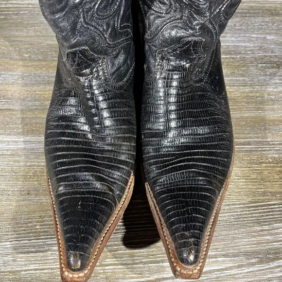 Wild West Western‎ Boots Lizard Handcrafted Style Distressed Black Size 8 EE
