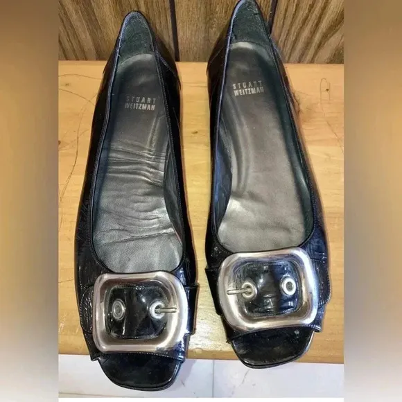 Woman STUART WEITZMAN black Patent Leather Peep Toe Buckle Wedge Shoes Sz 10 EUC