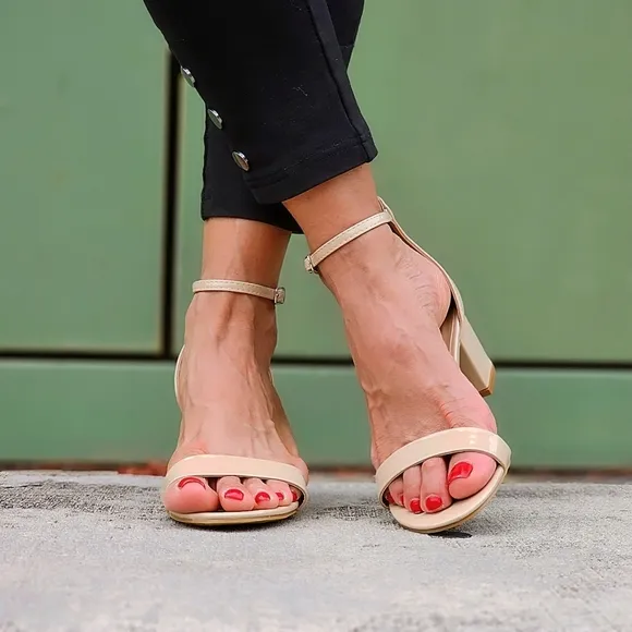 Women Ankle Straps Low Chunky Heels Sandals Beige Color
