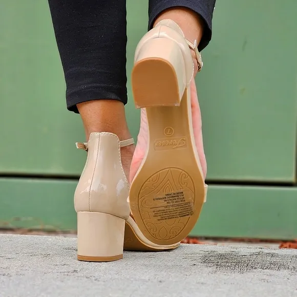 Women Ankle Straps Low Chunky Heels Sandals Beige Color