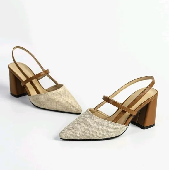 Women Point Toe Slingback Chunky Heeled Pumps, Elegant Brown And Beige Linen Pum