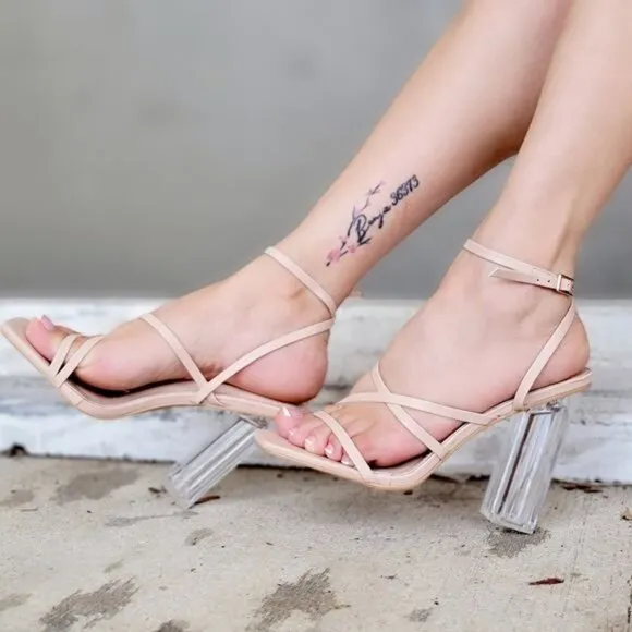 Women Square Toe Clear Block High Heel Sandals Nude Color‎