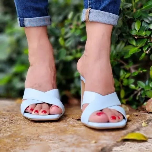 Women's‎ Blue Bandage Square Toe Sandals Chunky Heels