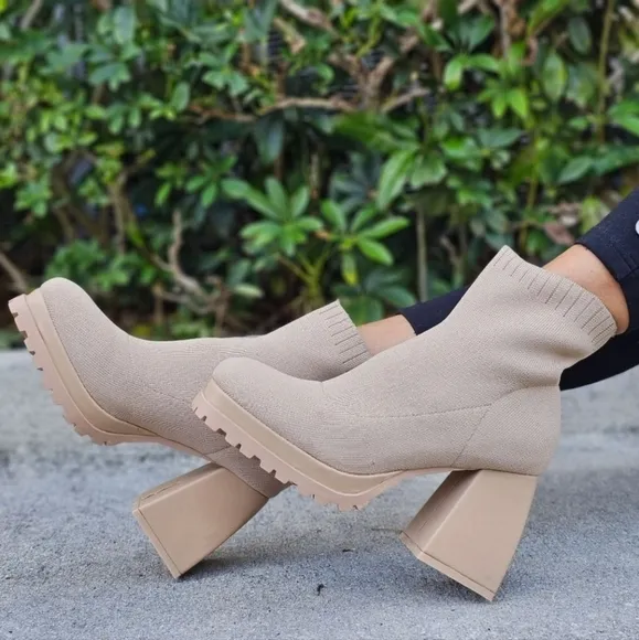 Women's Chunky Block Heel Sock‎ Boots Nude Color