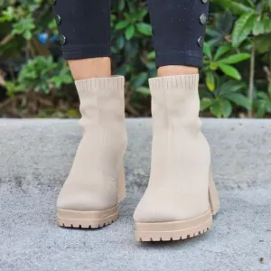 Women's Chunky Block Heel Sock‎ Boots Nude Color
