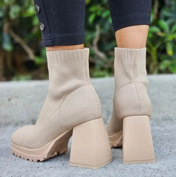 Women's Chunky Block Heel Sock‎ Boots Nude Color