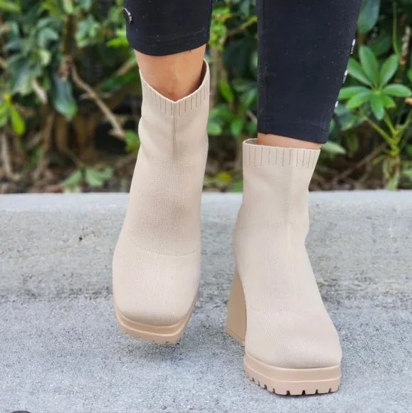 Women's Chunky Block Heel Sock‎ Boots Nude Color