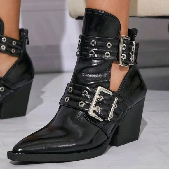 Women's Chunky Buckle Cut-Out Back Zipper Snip Toe Block Heel Pat Ankle Boots