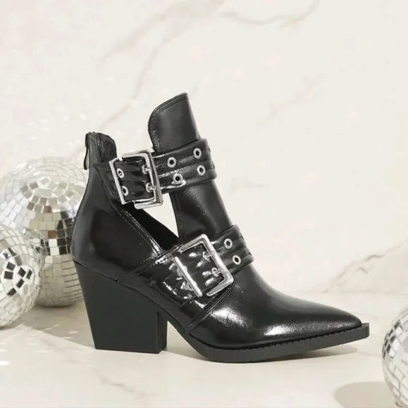 Women's Chunky Buckle Cut-Out Back Zipper Snip Toe Block Heel Pat Ankle Boots