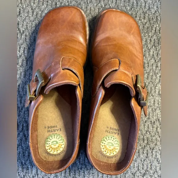Women's  EARTH SHOE GELRON Hickory II Brown Leather Slip-On Mule Clog Size 9.5