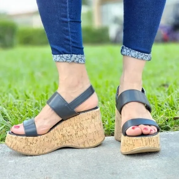 Women's High Platform Ankle Strap Wedge Black Color