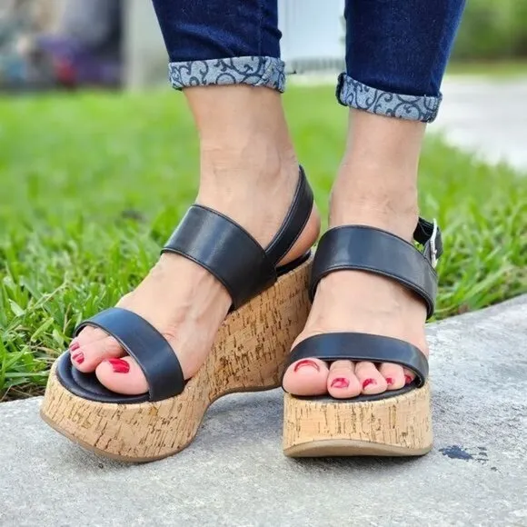 Women's High Platform Ankle Strap Wedge Black Color