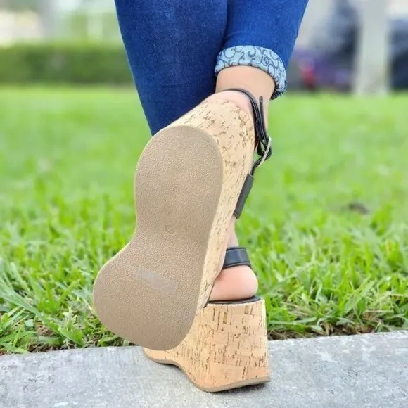 Women's High Platform Ankle Strap Wedge Black Color