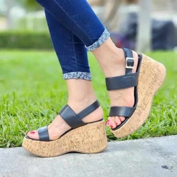 Women's High Platform Ankle Strap Wedge Black Color