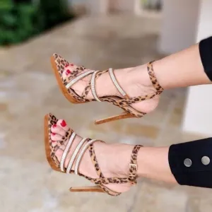 Women's Leopard Print Rhinestone Strappy High Heels