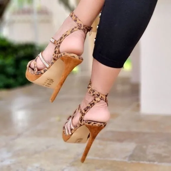 Women's Leopard Print Rhinestone Strappy High Heels