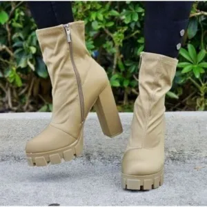 Women's Platform Ankle Chunky Heel‎ Boots Taupe Color